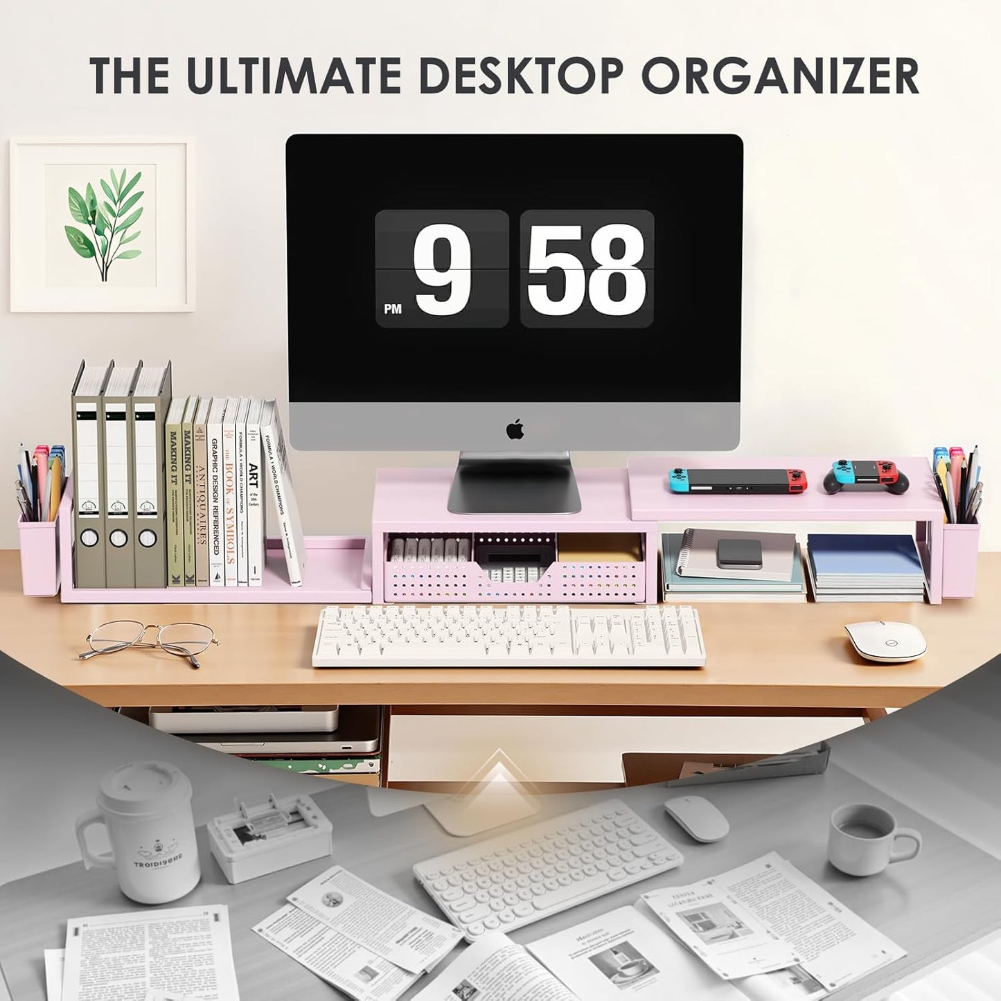 OPNICE Desk Organizers and Accessories, Dual Monitor Stand Riser with Drawer and 2 Pen Holders, Desk Shelf Wood Computer Racks for Office Workspace Organizers, Desktop Organization (Rustic Brown)