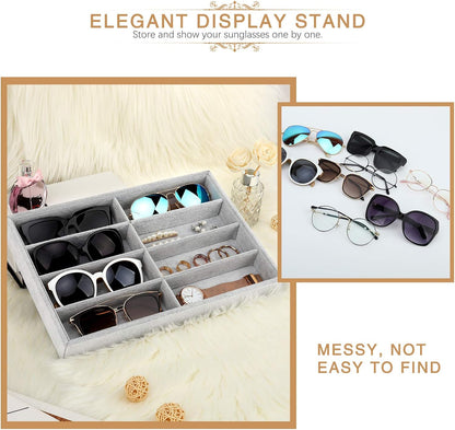 Emibele Glasses Organizer Jewelry Tray, 8 Grids with Clear Lid Velvet Tray Watch Storage Stackable Jewelry Showcase Display Storage with Detachable Inner Dividers, Beige