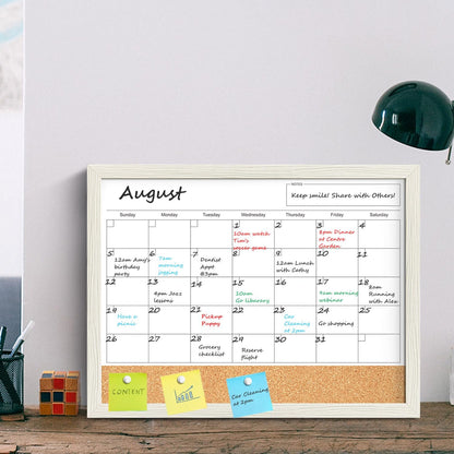 Calendar Whiteboard for Wall, TANKEE 17x13 Inches Whiteboard Calendar Cork Board Combo, Small Magnetic White Board with Wood Framed, Hanging Dry Erase Board for Kitchen Home Office School Planner
