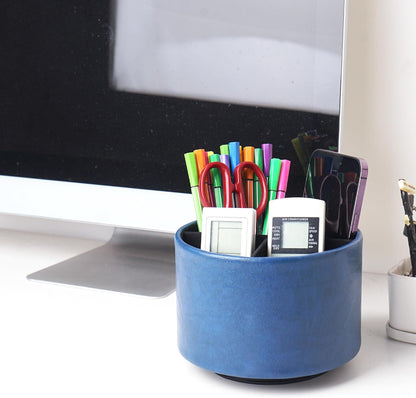 Round Leather Art Supply Organizer,Remote Control Holder,360 Degree Rotating,Multi-Functional Pencil Holder,4 Compartments Desktop Stationary Organizer(1-Fractal Flower) | Round - Colors B