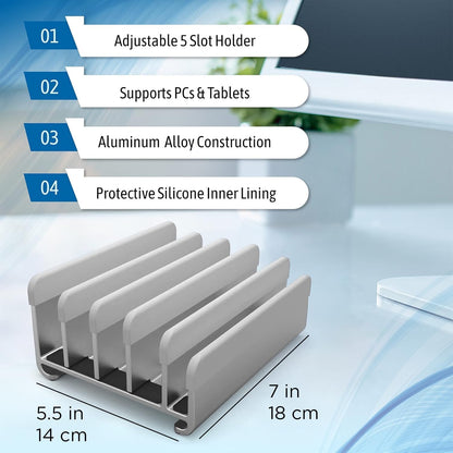 Elestoria 5- Slot Vertical Laptop Stand - Aluminum Laptop Stand Vertical for Desk - Adjustable Width (12-38mm) Fits MacBook Pro/Air, Surface & Gaming Laptops upto 17.3"-Heavy Duty Laptop Holder-Silver