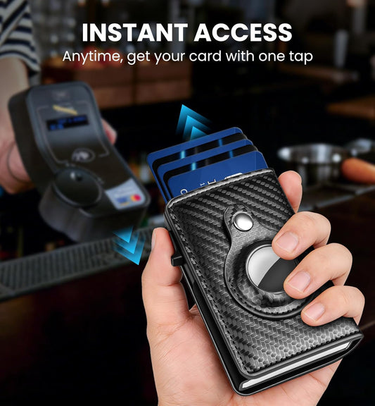 Wallet for Men with Pop Up Card Holder, Smart RFID Blocking Air-Tag Mens Wallets, Slim Minimalist Metal Credit Card Case Front Pocket with ID Holder Money Clip, 1-7 Cards Capacity, Carbon Fiber Black