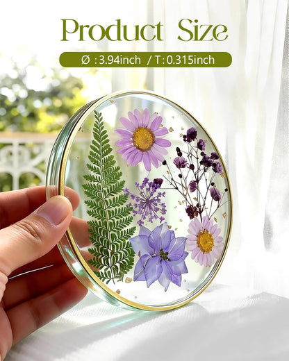 Oqplog Resin Drink Coaster for Desk Coffee Table-White Cute Dried Flowers Cup Coaster for Work Office Home Outdoor Decor Gifts for Girls Women,1 Pcs