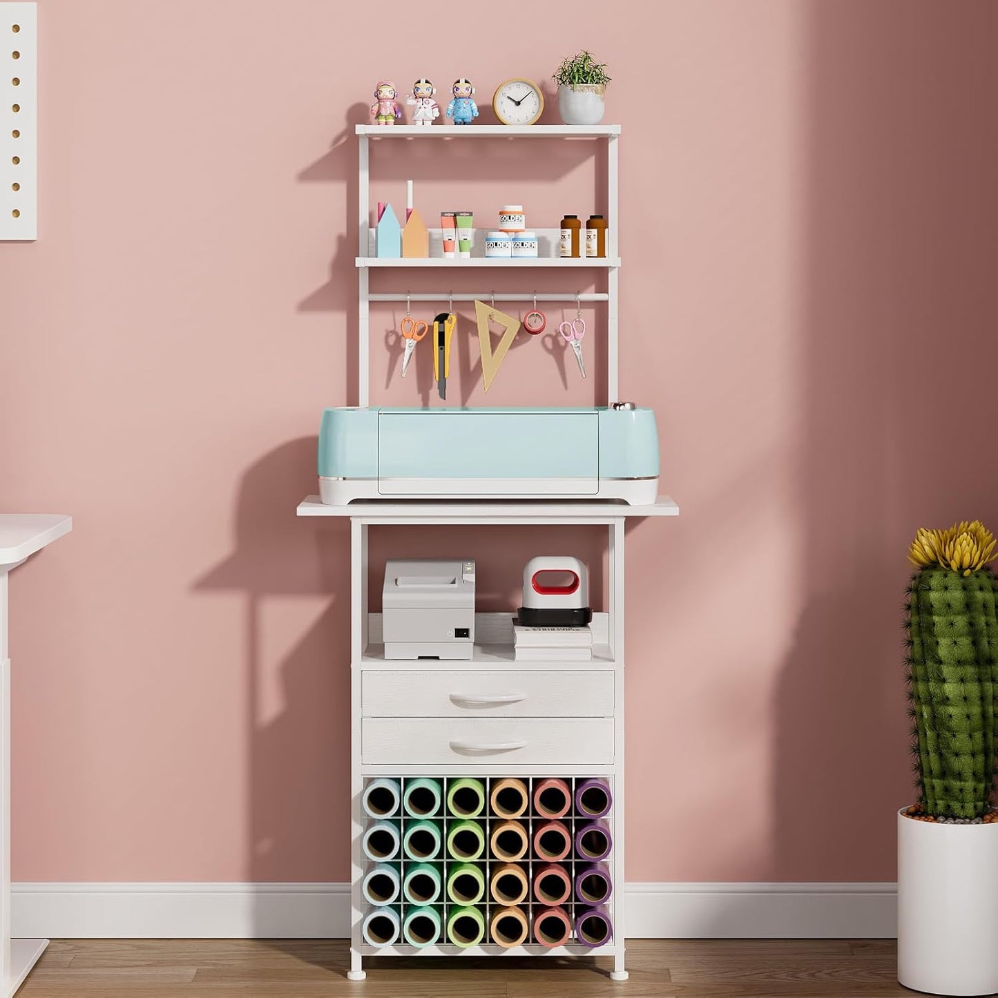 VENNQD Stand Compatible with Cricut Maker and Cricut Explore Air Series Craft Organizers and Storage with 2 Fabric Drawer and Shelves Crafting Table with Vinyl Roll Holder Workstation, White