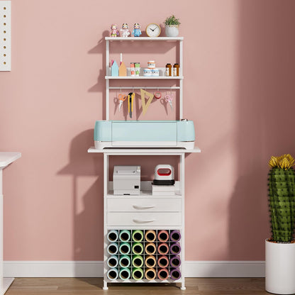 VENNQD Stand Compatible with Cricut Maker and Cricut Explore Air Series Craft Organizers and Storage with 2 Fabric Drawer and Shelves Crafting Table with Vinyl Roll Holder Workstation, White