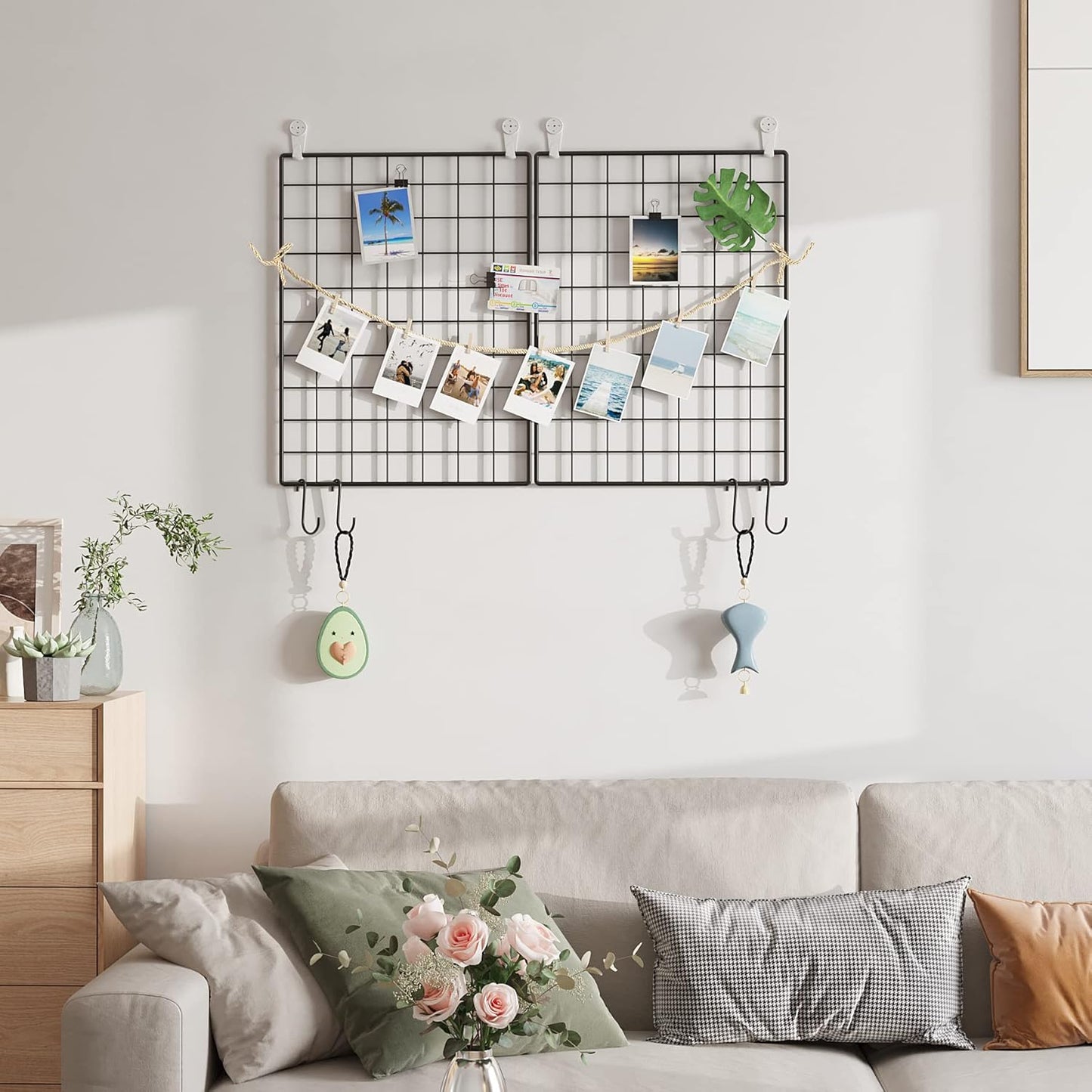 C&AHOME Photo Wall Display Set of 2, Grid Panel with Hooks, Clips, Hemp Cord, Hammer - 15.7" x 11.8", White UWWGM3402W