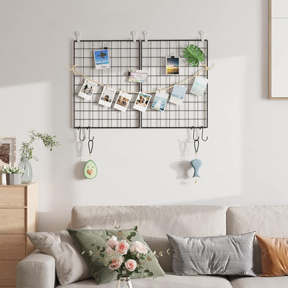 C&AHOME Photo Wall Display Set of 2, Grid Panel with Hooks, Clips, Hemp Cord, Hammer - 15.7" x 11.8", White UWWGM3402W