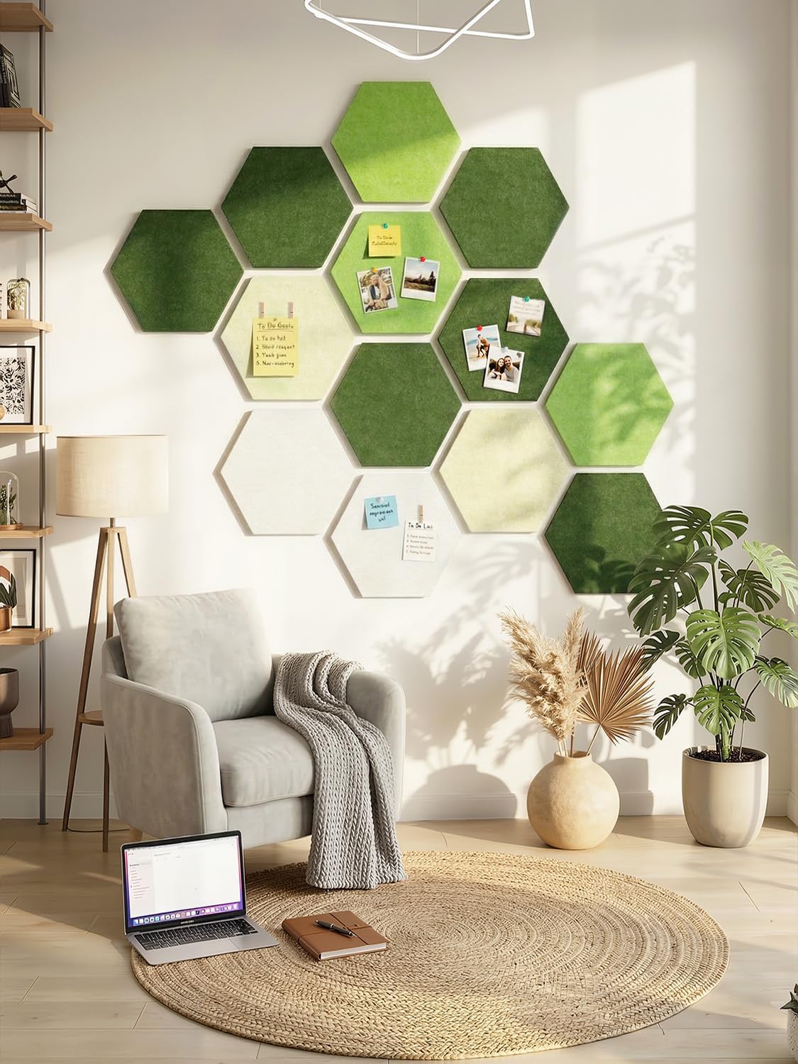 8 Pack Hexagon Felt Bulletin Board Tiles - 12" Large Thick Pin Board for Walls with 30 Push Pins, DIY Boards for Office Home School Decor, Aesthetic Hex Cork Board Alternative