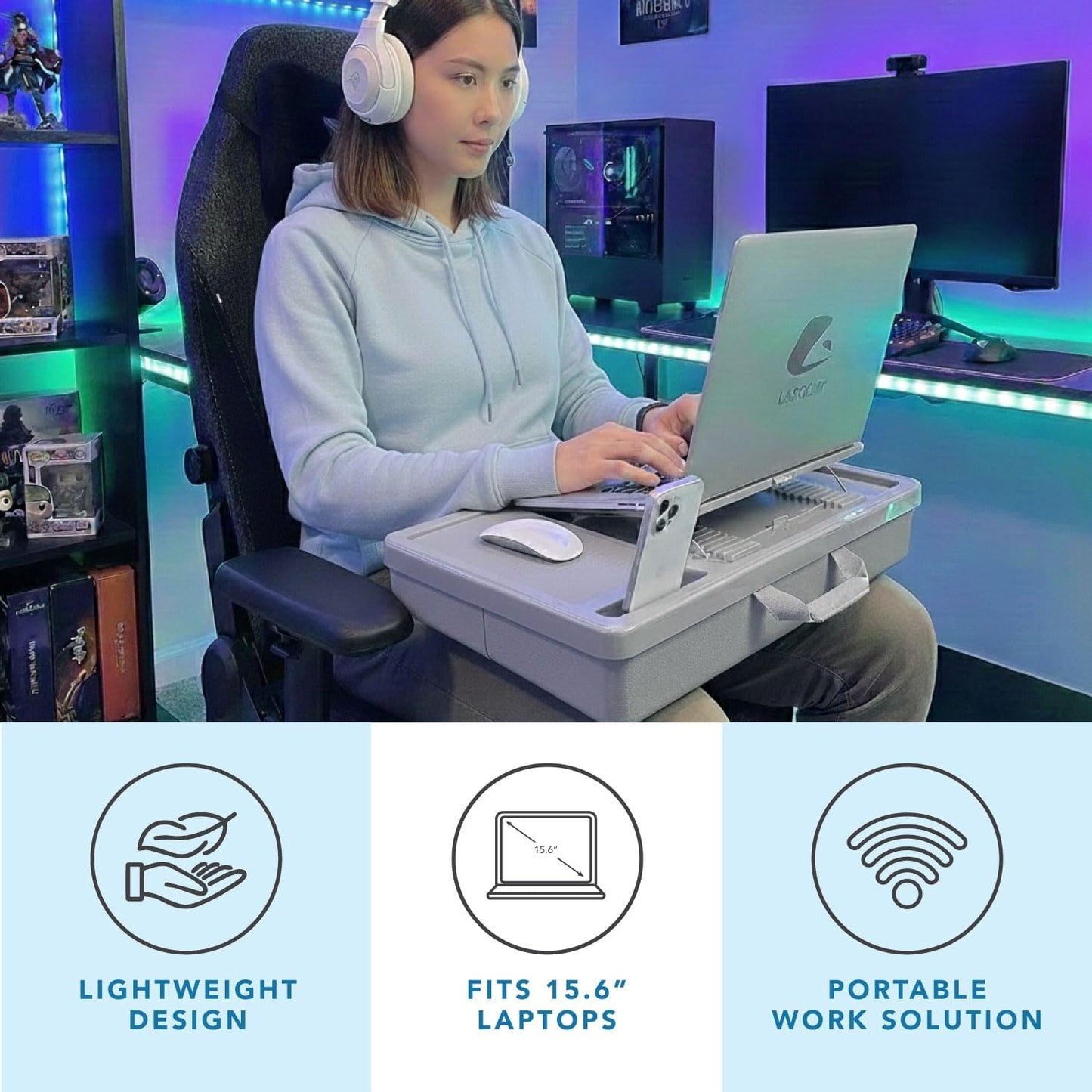 LAPGEAR Ergonomic Pro 2.0 Lap Desk with 9 Adjustable Heights, Built-in Mouse Pad & Phone Slot – Full Microbead Cushion, Storage Pocket – Fits Laptops up to 15.6" – Dusty Rose – Style No. 49504