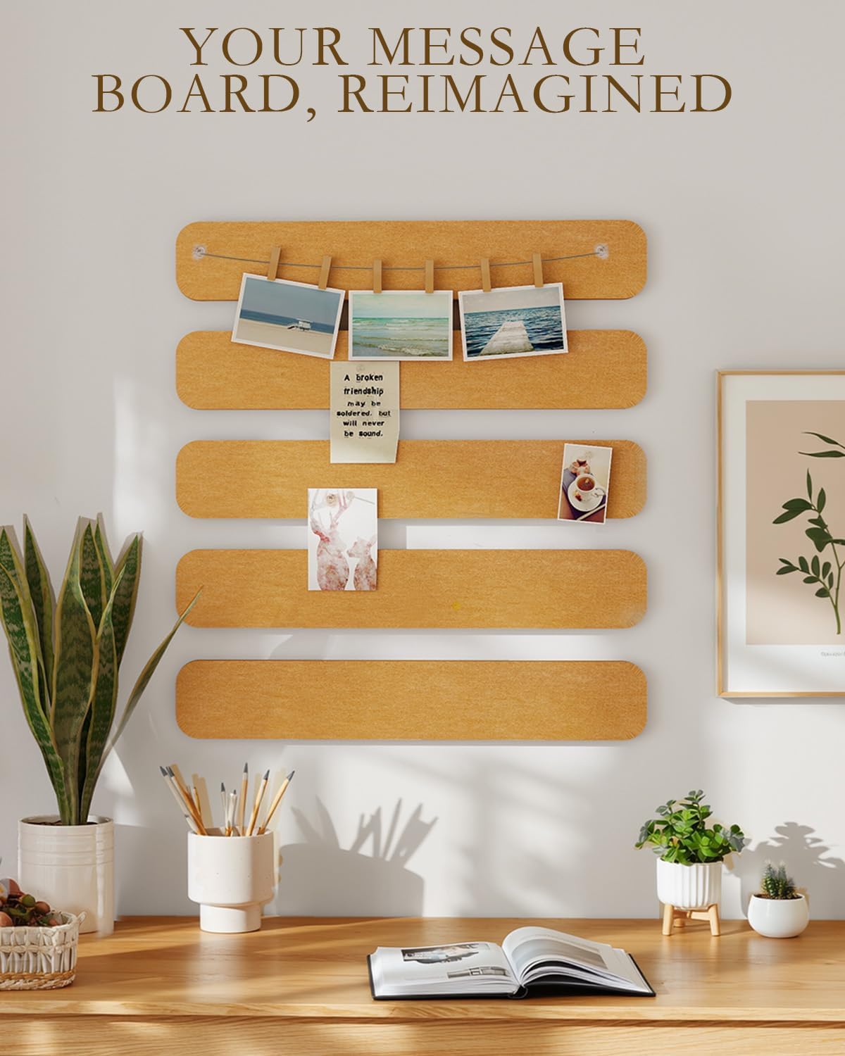 JBER Felt Strip Board 5 Pack 13"x2", Cork Board Alternative Pin Bulletin Board, Self-Adhesive Vision Board with 25 Push Pins for Walls, Office & Home Decor(Light Camel)