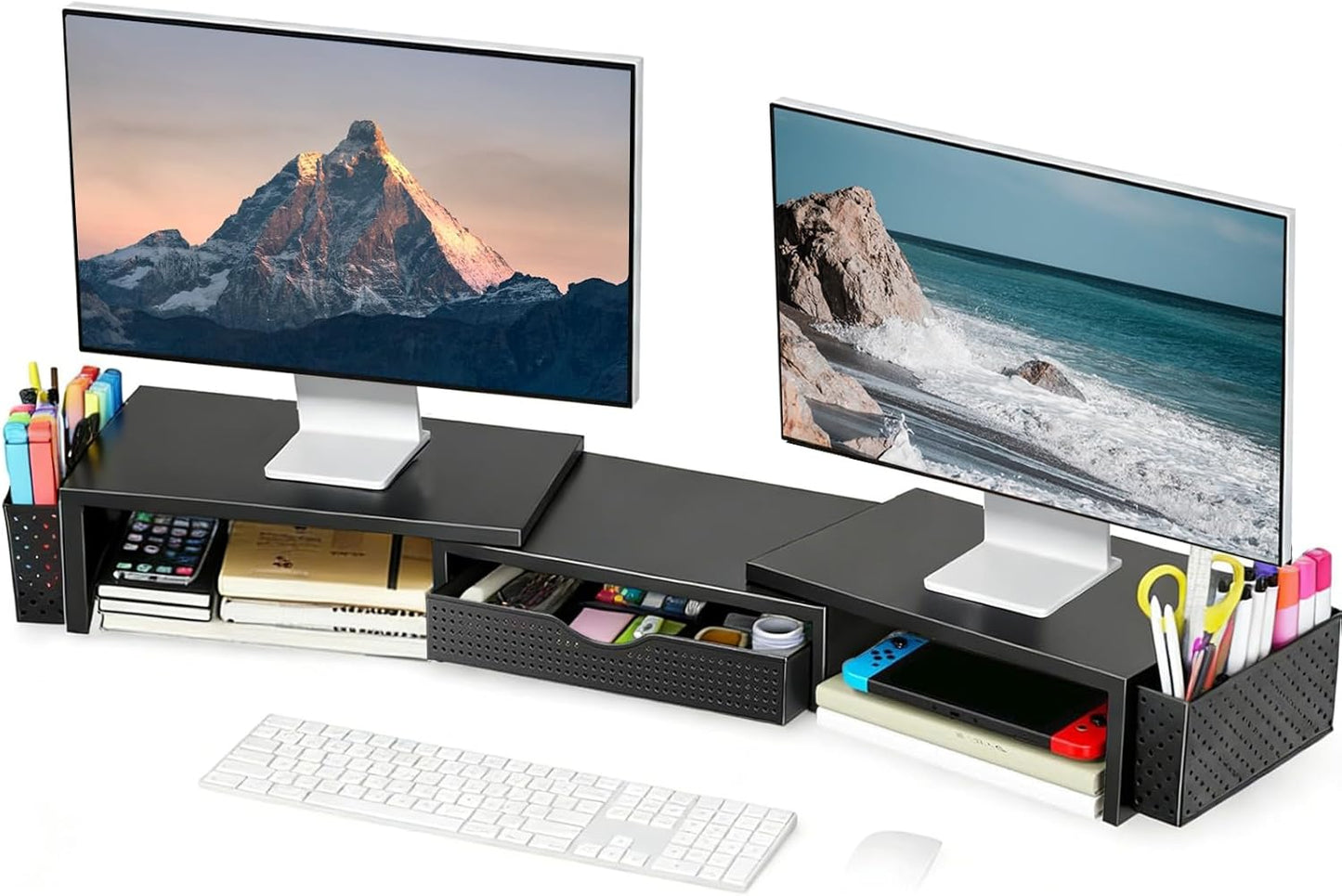 Spacrea Metal Desk Organizers and Accessories, Dual Monitor Stand Riser with Drawer and 2 Pen Holders, Desk Accessories & Workspace Desktop Organizers for Office Supplies (Wood)