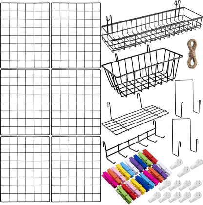 6 Pack 16 x 12 Inch Black Wall Grid Wire Panel with Accessories 1 Black Hanging Wire Basket, 1 Shelf, 1 Hook Rack, 2 Letter Sorter Shelf, 20 Clips, 12 Non Trace Nail, 2 Hemp Rope, Photo Home Decor