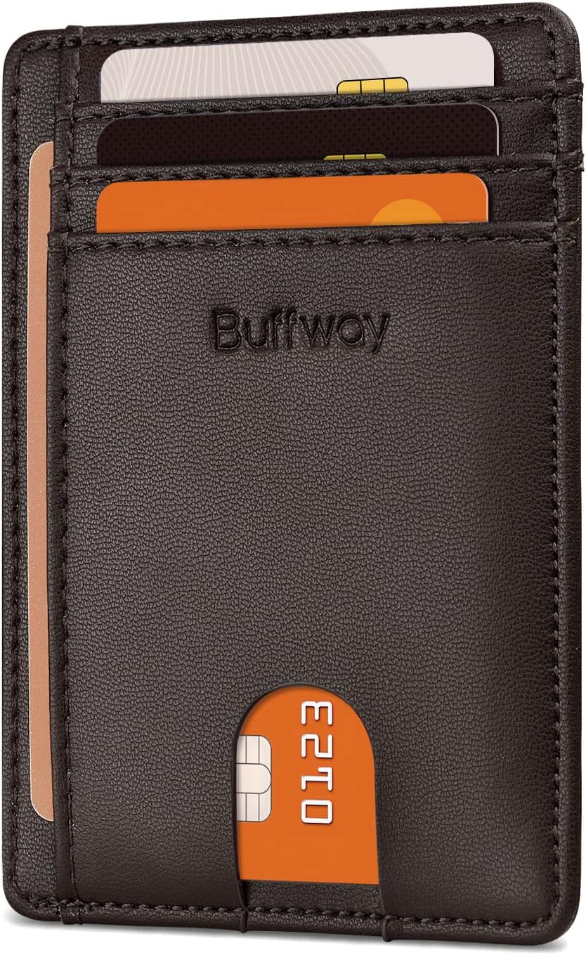 Buffway Slim Minimalist Front Pocket RFID Blocking Leather Wallets for Men and Women - Carbon Fiber Black - Colors A