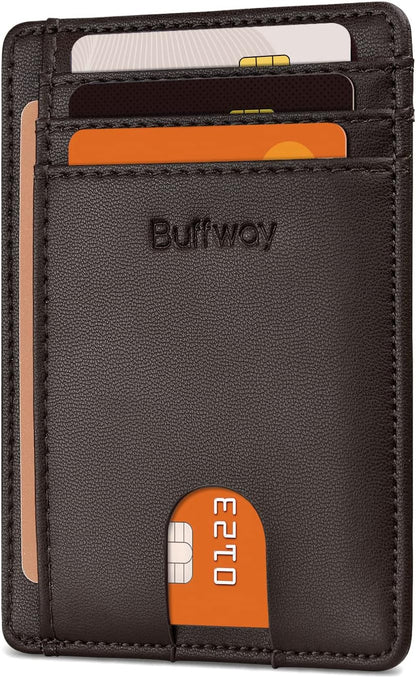 Buffway Slim Minimalist Front Pocket RFID Blocking Leather Wallets for Men and Women - Carbon Fiber Black - Colors A
