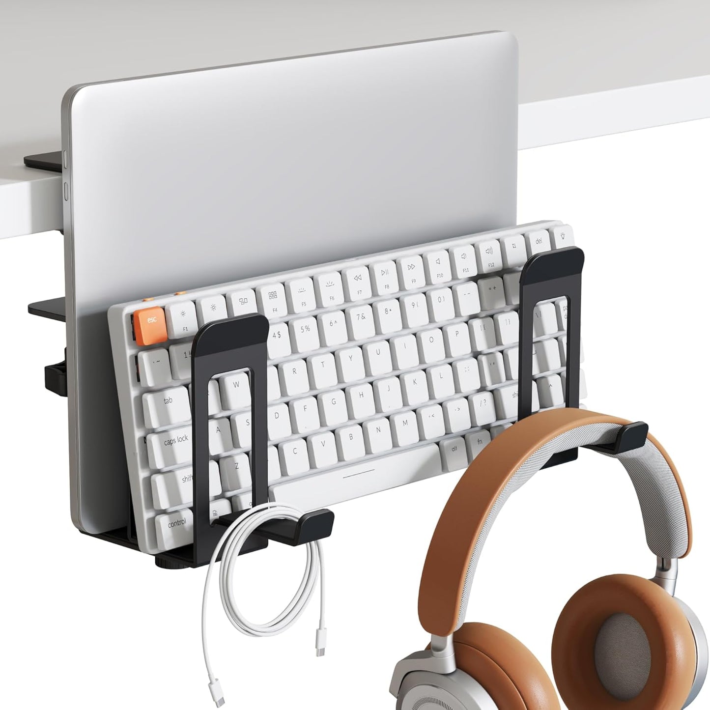 PEGZONE Laptop Stand Vertical, 2-Slot Under Desk Laptop Holder, Desk Side Storage with Headphone Holder, Laptop Organizer for Office Gaming, Black
