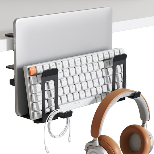 PEGZONE Laptop Stand Vertical, 2-Slot Under Desk Laptop Holder, Desk Side Storage with Headphone Holder, Laptop Organizer for Office Gaming, Black