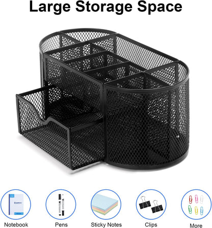 Comix 360° Rotating Pen Holder for Desk, 5 Compartments Office Desk Organizer, Black Mesh Metal Pencil Holder Cup for Office Home School