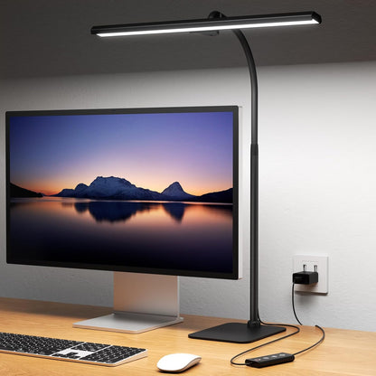 Desk Lamp with USB Charging Port for Home Office 24w Architect Remote Base Dual Task Led Light Modern 5 Color Modes Dimmable Adjustable Gooseneck Double Head Reading Drafting Eye Caring Tall Lamps