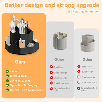 Cayxenful Pencil Pen Holder for Desk,9 Slots 360 Degree Rotating Desk Organizers,Desktop Storage Stationery Supplies Organizer, Cute Pencil Cup Pot For Office, School, Home(Black)