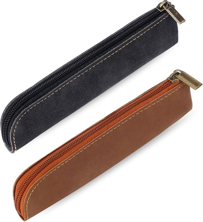 Psyqtsuary Leather Pencil Case, 2 Pcs Slim Small Pencil Pouch Portable Flat Pen Pouch with Zipper Simple Makeup Bag Lipstick Case for Women Men Home, Office, Travel Outdoor (Black, Claret)