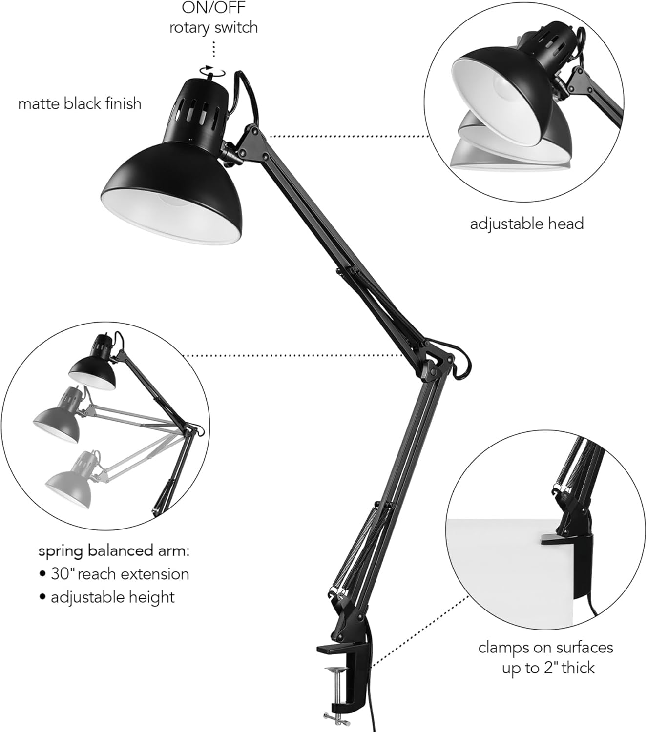 Globe Electric 12641 Architect 32" Swing-Arm Clamp-On Lamp, Black Architect, Finish, LED Bulb Included