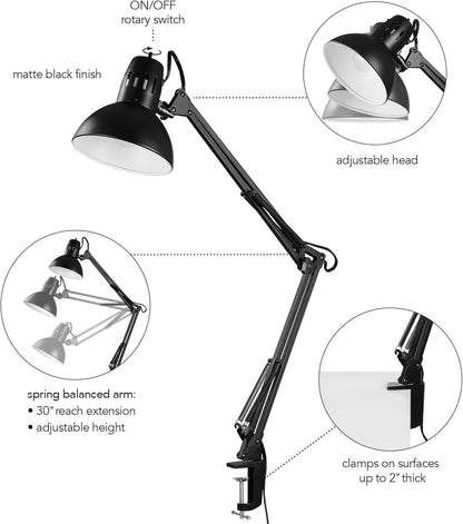 Globe Electric 12641 Architect 32" Swing-Arm Clamp-On Lamp, Black Architect, Finish, LED Bulb Included