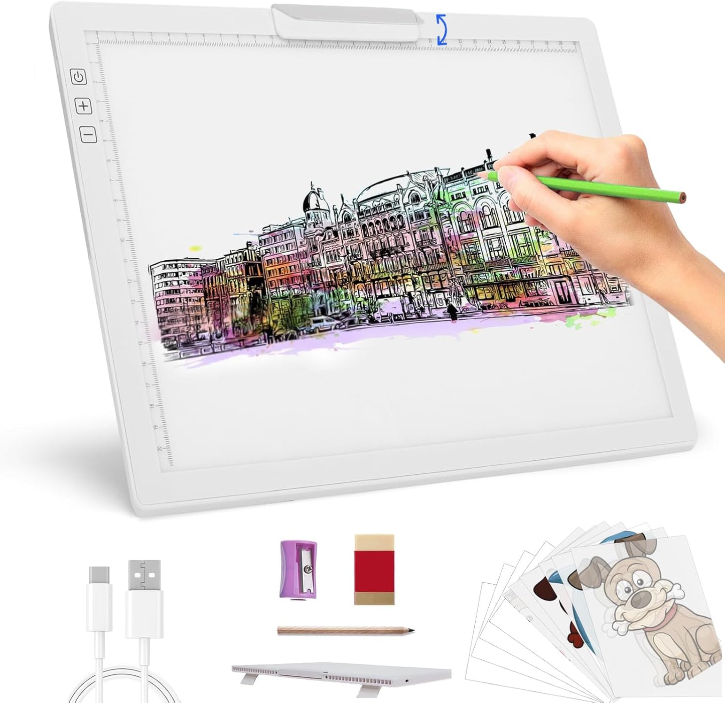 Rechargeable A4 Light Pad - Stepless Dimmable 6 Levels Brightness Tracing Light Box, Diamond Painting Light Board with Top Clip, Battery Powered Portable Light Pad for Weeding Vinyl Tracing