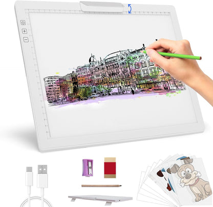 Rechargeable A4 Light Pad - Stepless Dimmable 6 Levels Brightness Tracing Light Box, Diamond Painting Light Board with Top Clip, Battery Powered Portable Light Pad for Weeding Vinyl Tracing