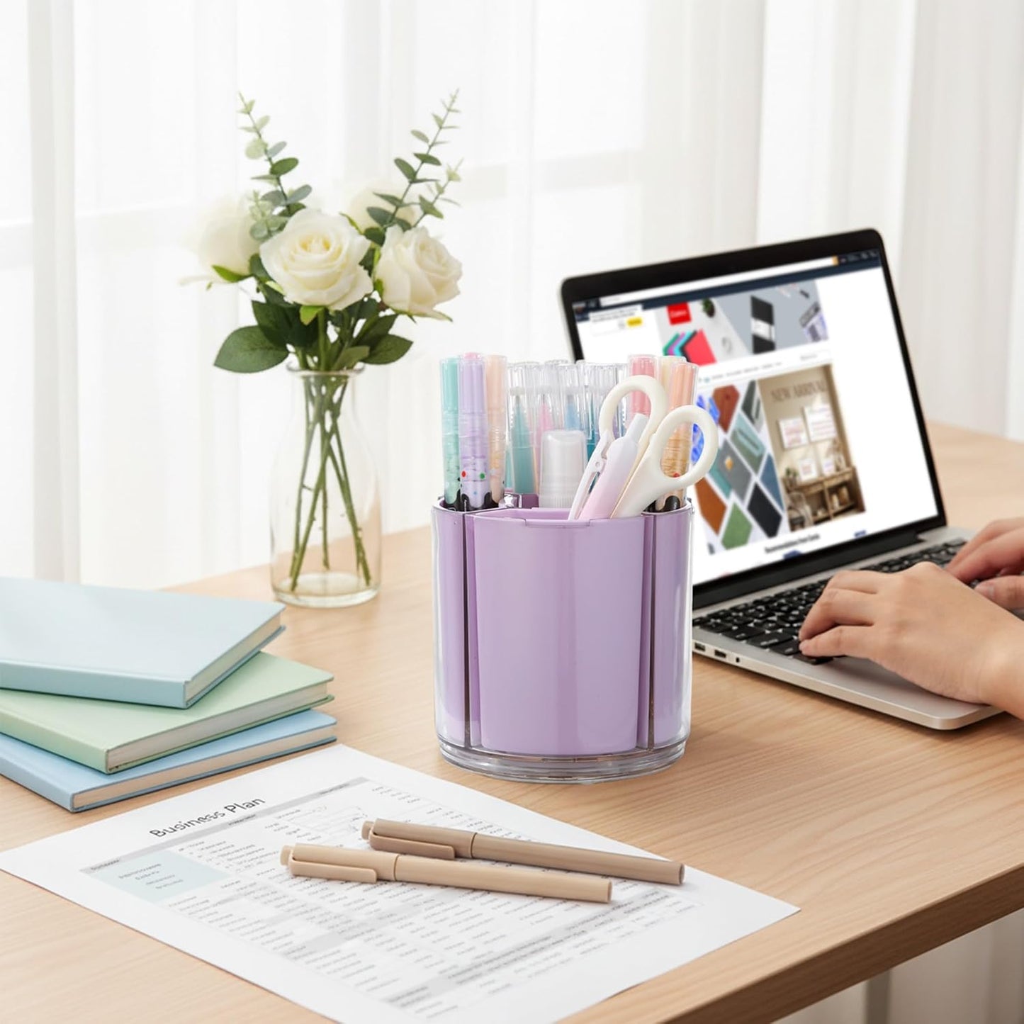 Comix 360° Rotating Pen Holder for Desk, Cute Pencil Holder Pen Organizer, Green Acrylic Pencil Cup Caddy with 5 Slots for Home School Office Supplies
