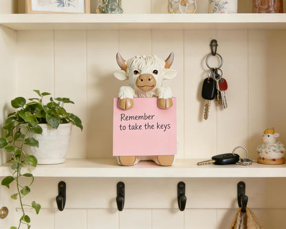 Highland Cow Pop-up Sticky Note Dispenser, Includes 1 Pad of 3x3 in Super Sticky Notes, 100 Sheets, Resin Cute Handmade Desk Holder for Office & Home-Beige