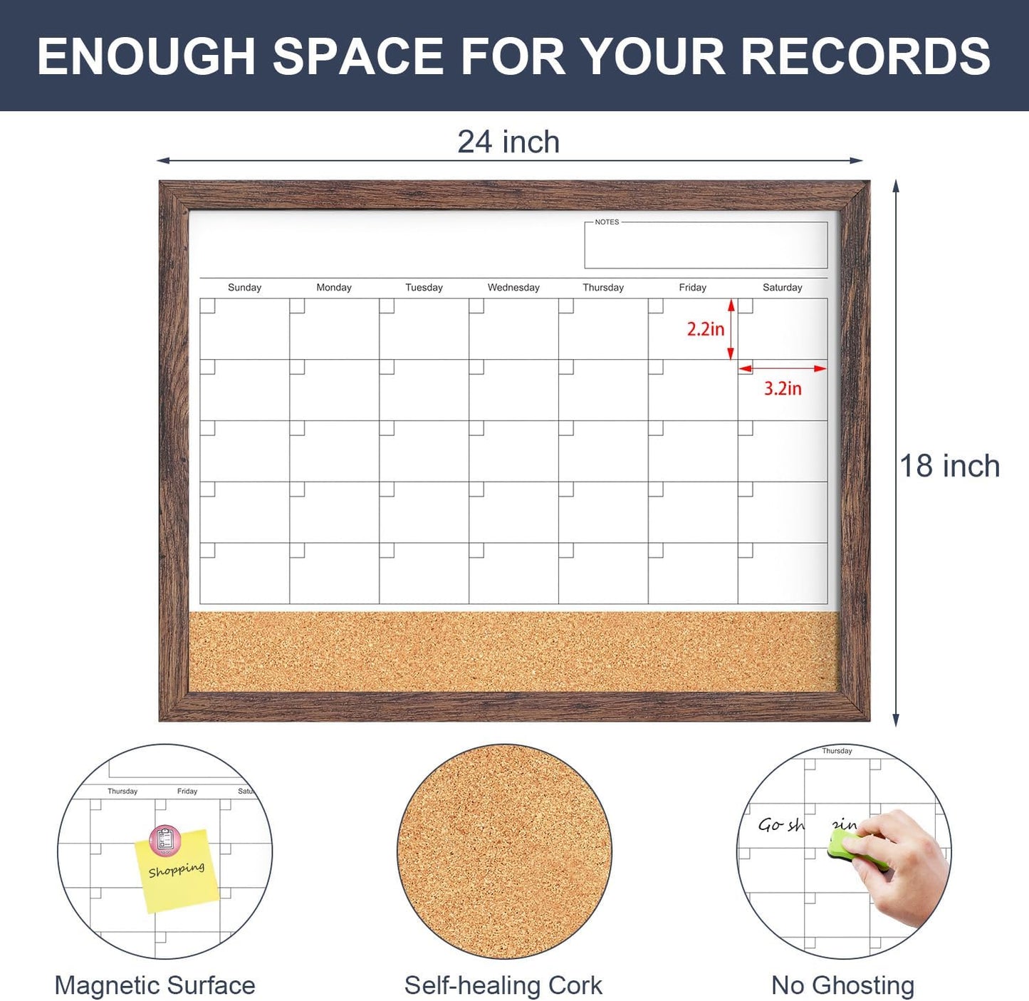 Calendar Whiteboard for Wall, TANKEE 17x13 Inches Whiteboard Calendar Cork Board Combo, Small Magnetic White Board with Wood Framed, Hanging Dry Erase Board for Kitchen Home Office School Planner