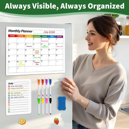 FINDMAG 4 Pack Magnetic Dry Erase Board Set, 16.5"x11.8" Magnetic Calendar for Refrigerator, Fridge Calendar Magnet, Black Weekly Planner Whiteboard for Fridge, Easy to Use with 8 Markers & Eraser