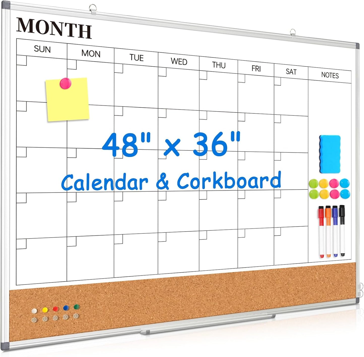 Weekly Dry Erase Calendar Whiteboard for Wall, 24" x 18" Double-Sided Weekly Planner White Board Cork Combo, Hanging & Wall Mount Week Bulletin Board with Notes for Home, Office, School, Kitchen