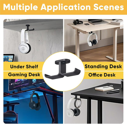 Under Desk Headphone Hanger with Strong Adhesive and Screws Mount, 360° Rotatable Dual Headset Holder Stand, Aluminum Metal Adjustable Headphone Hook, Perfect for Home Gaming & Office - Black