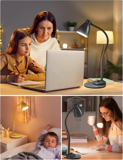 BOHON LED Desk Lamp with USB Charging Port, 3 Color Modes Dimmable Reading Lamp, Auto Dimming Task Lamp, Flexible Neck Table Light for Dorm Bedside, Adapter Include, White