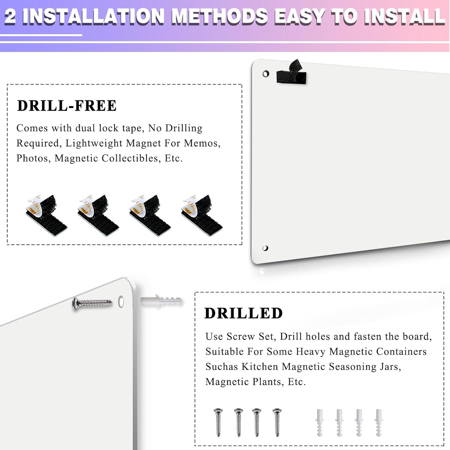 2Pack Black Magnetic Board,17.5" x 11.4" Magnet Bulletin Board to Display Magnetic Notes, Poetry, Photos, Suitable for Wall, Refrigerator, Cabinet etc, Come with 8 Pcs Dual Lock Tape and Screws