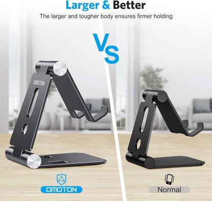 OMOTON Foldable Cell Phone Stand, C4 Portable Aluminum Phone Holder, Adjustable Phone Dock Cradle for iPhone 17/16/15 Pro Max Air, Small Tablets, Smart Phones, Women Men Gift for Fathers Day, Silver