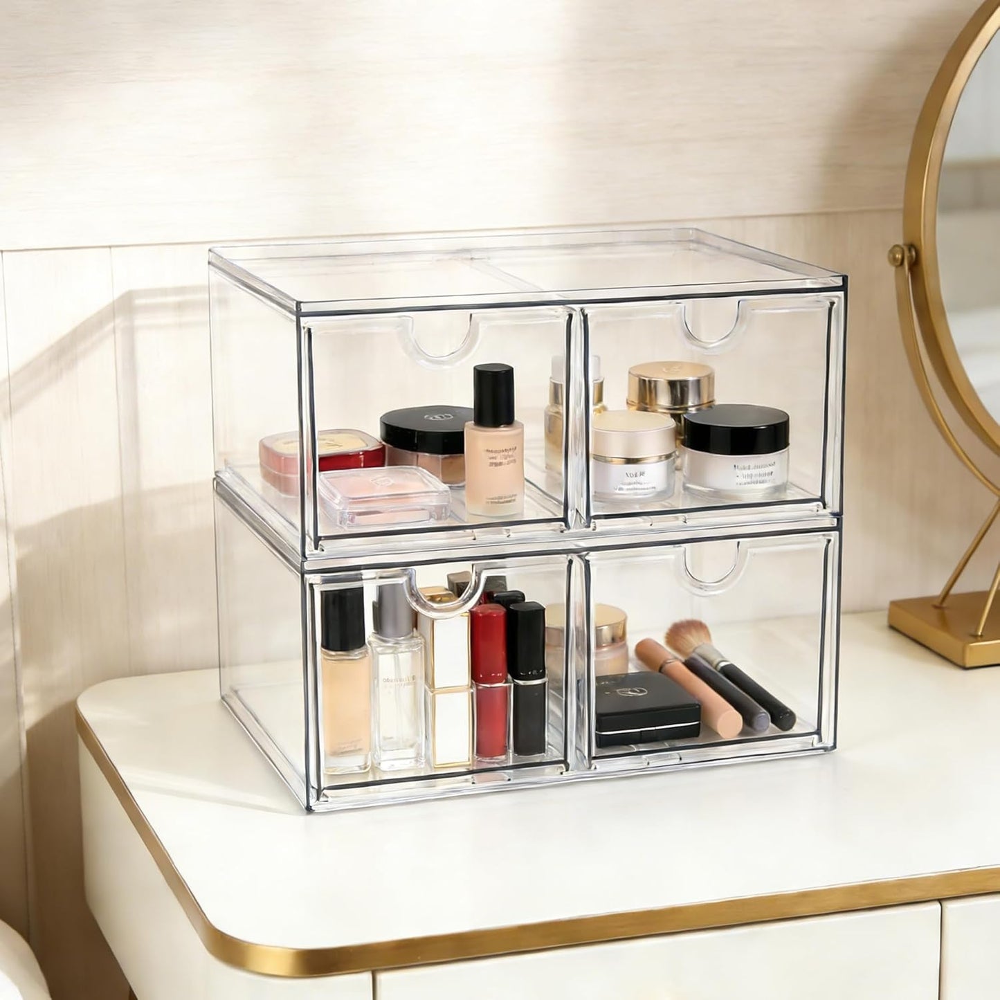 Prsildan Acrylic Drawer Makeup Organizer with 6 Drawers (Not for Baby Bottle), Set of 2 Office Desk Organizers Accessories, Clear Stackable Storage Drawers for Vanity, Craft (Largest Drawer 4" Tall)
