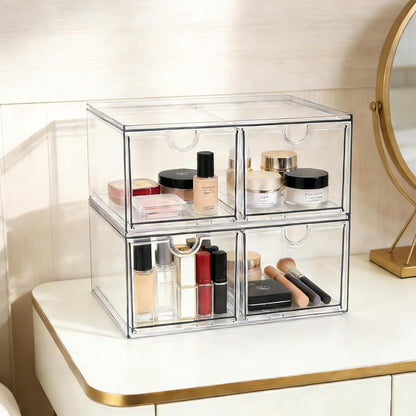 Prsildan Acrylic Drawer Makeup Organizer with 6 Drawers (Not for Baby Bottle), Set of 2 Office Desk Organizers Accessories, Clear Stackable Storage Drawers for Vanity, Craft (Largest Drawer 4" Tall)