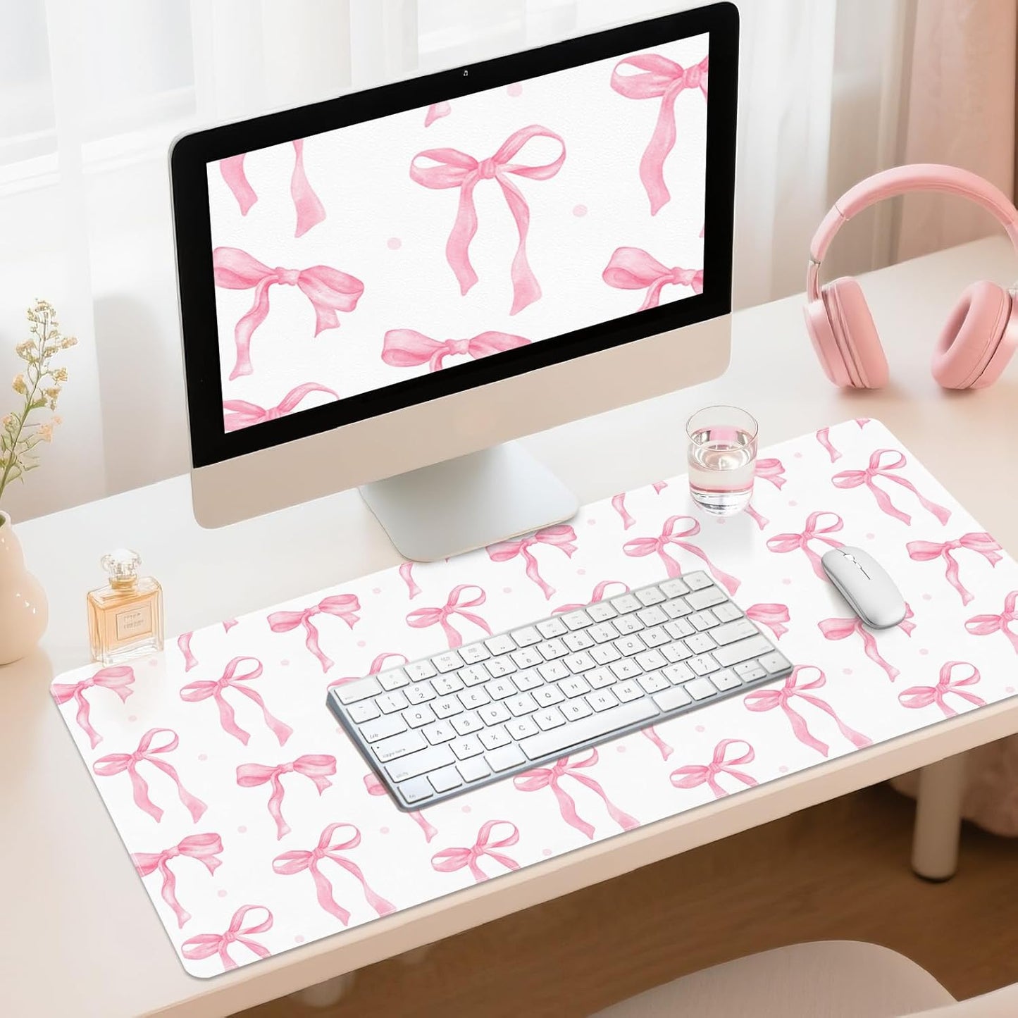 Pink Desk Mat, Leather Desk Pad Blotter Protector, XXL Large Mouse Pad,Computer Laptop Mouse Pads for Desktop,Waterproof Writing Anti-Slip Mousepad for Office and Home I Colorful Stickers