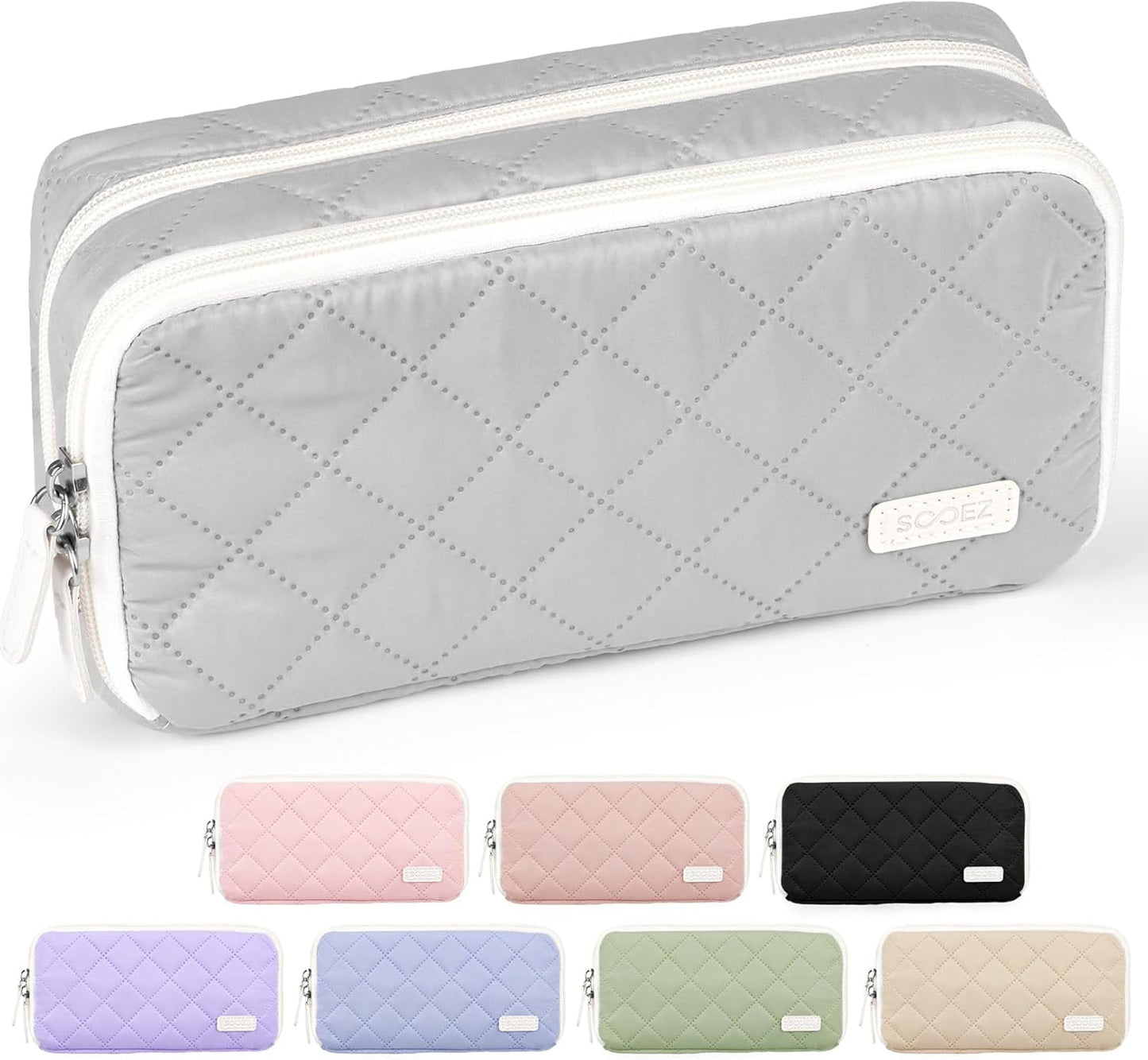 Sooez Large Pencil Case Pouch, Extra Big Pencil Bag with 8 Compartments, Pen Bag Wide Opening, Soft Quilted Pencil Pouch Organizer with Zipper, Portable Pencil Case for Teen Girls, Pink