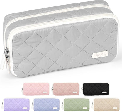 Sooez Large Pencil Case Pouch, Extra Big Pencil Bag with 8 Compartments, Pen Bag Wide Opening, Soft Quilted Pencil Pouch Organizer with Zipper, Portable Pencil Case for Teen Girls, Pink