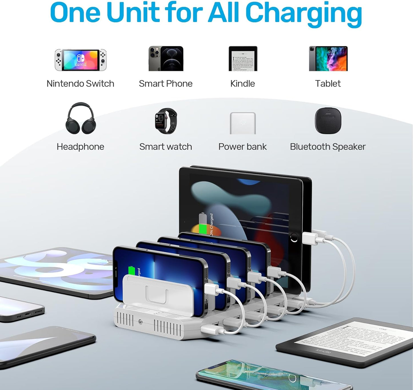 Unitek Multi Charging Station, 10-Port USB Charger for Multiple Device with SmartIC Tech and Adjustable Dividers, Organizer Stand Compatible with iPad, Tablet, Kindle, iPhone