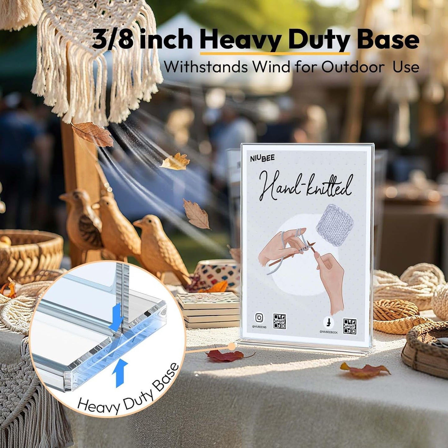NIUBEE Acrylic Sign Holder Unbreakable: 8.5 x 11 Flyer Stand for Outdoor Vendor Event Booths - Clear Price List Paper Display for Craft Fair Market Table - 3 Pack