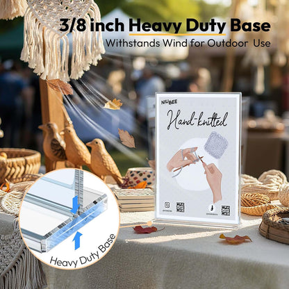 NIUBEE Acrylic Sign Holder Unbreakable: 8.5 x 11 Flyer Stand for Outdoor Vendor Event Booths - Clear Price List Paper Display for Craft Fair Market Table - 3 Pack