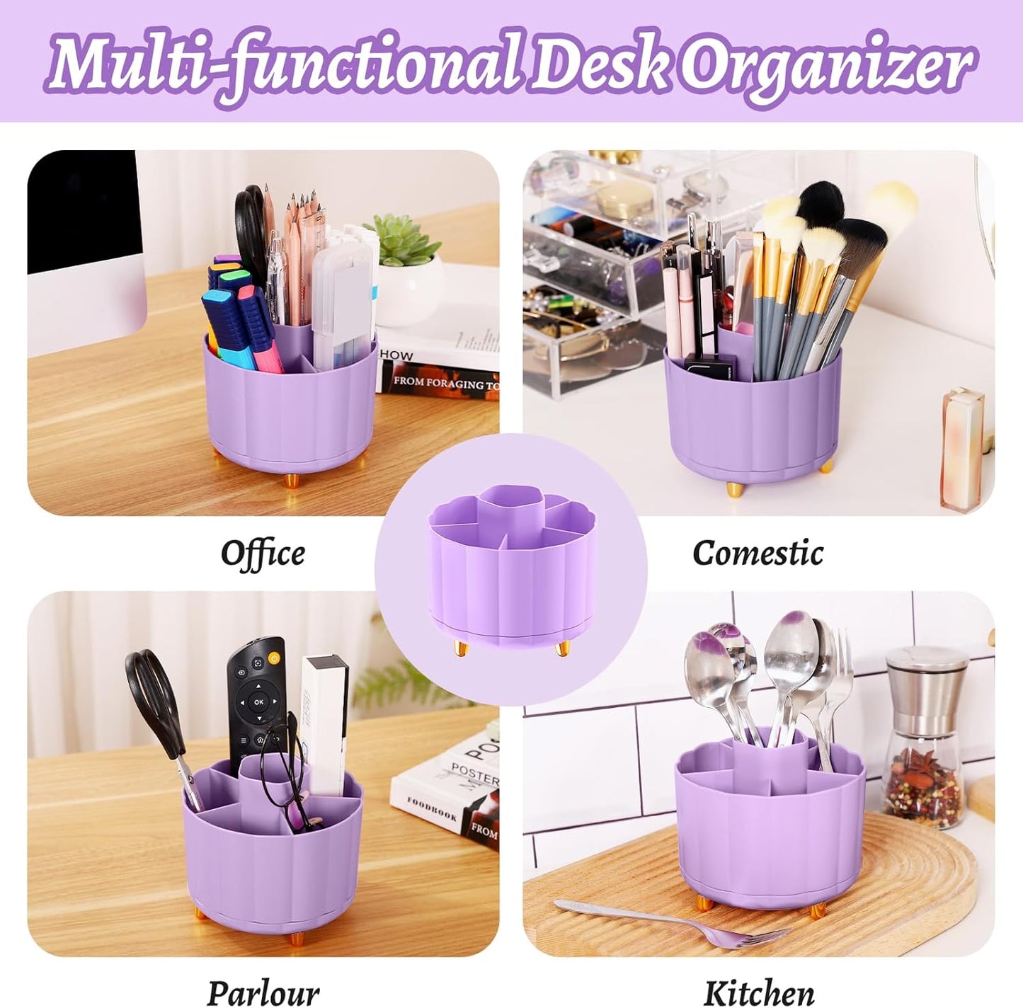 360 Rotating Pencil Pen Holder for Desk, White Pen Organizer with 6 Slots, Cute Office Supplies, Desk Accessories for Office, School, Home