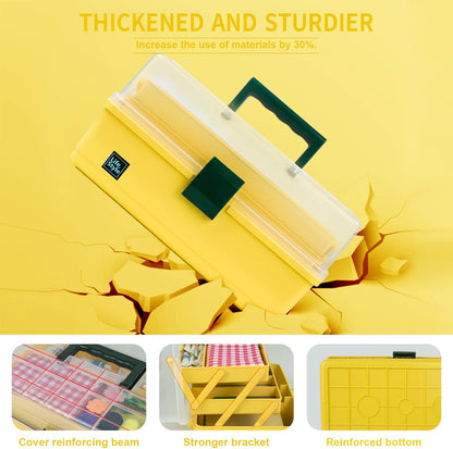 Creahaus 13 inch Art Craft Organizer Storage Box with 3 Layer, Multipurpose Plastic Tool Box with Handle for Sewing, Art Supply, Medicine, Nail, Hair Accessories (Yellow)