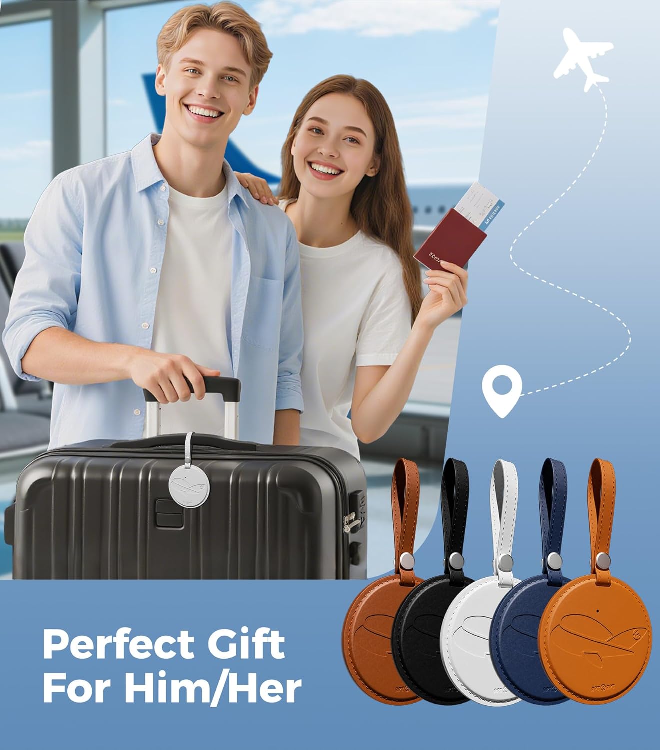 Smart Luggage Tag Works with Apple Find My, Premium Leather Suitcase Tracker with 2 ID Labels, TSA-Friendly, Anti-Lost Travel Essentials for Bags Backpacks, Wireless Charging, Black