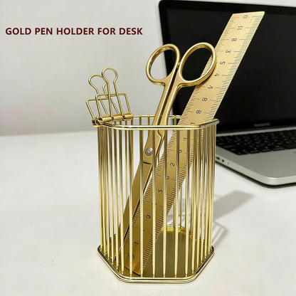 Gold Metal Pen Holder for Desk - Heavy Duty Makeup Brush Organizer Cup with, Pencil Holder for Office & Home, Storage for Stationery/Cosmetics/Art Supplies, Matte Finish, 4.8 Inch (Round)