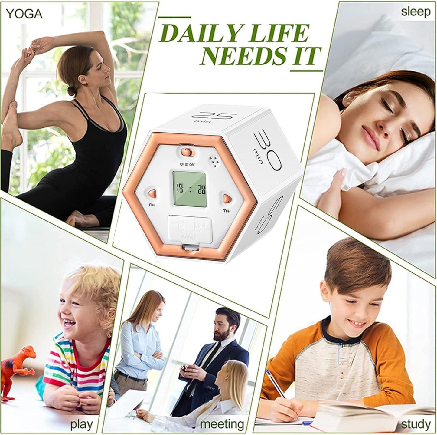 Hexagon Digital Clock Timer, Pomodoro Timer, Productivity Cube, Cubes Timer Kitchen Hexagon Flip Timer for Studying Cooking Exercising Easy to Use Flip (White)